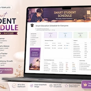 May include: A digital Notion template for a Smart Student Schedule displayed on a laptop screen. The interface features a semester planner, subject tracker, and assignment list. Text includes Smart Student Schedule, Plan, Track, Succeed.