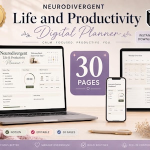 Könnte beinhalten: Ein digitaler Planer für Notion auf einem Laptop, Tablet und Smartphone. Der Bildschirm zeigt einen Neurodivergent Life and Productivity Planner mit 30 Seiten. Die Benutzeroberfläche umfasst einen Tagesplan, einen Fokus-Timer und Stimmungs-Check-ins.