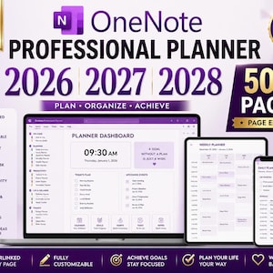 Może przedstawiać: Cyfrowy profesjonalny planer OneNote na lata 2026, 2027 i 2028, zawierający ponad 500 stron. Ekran przedstawia laptopa, tablet i smartfon z interfejsem pulpitu planisty, planera tygodniowego i dziennego w kolorach fioletowym i białym.