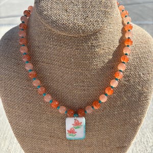Handmade Orange Teal Mahjong Tile Necklace | Floral Beaded Statement Jewelry