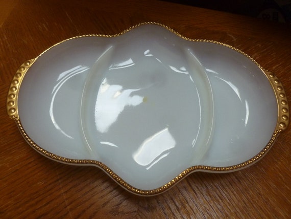 3 Section White Milk Glass Serving Dish With Gold Trim By Fire King Oven Proof