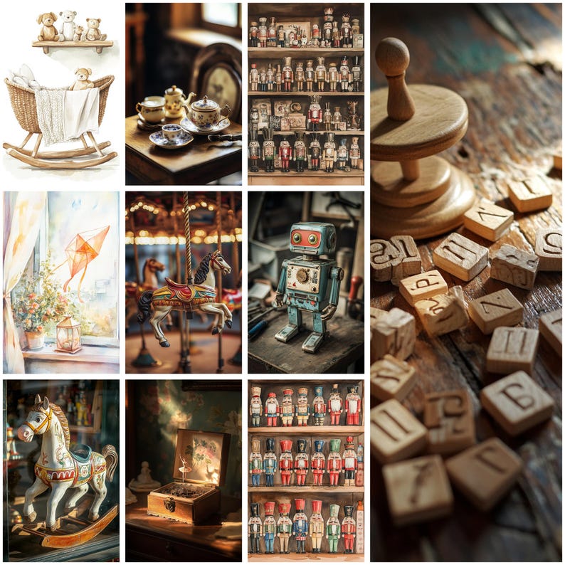 May include: A collage of vintage-style toys and decor including a wicker cradle with teddy bears, a tea set, shelves of nutcrackers, a wooden carousel horse, a kite, a metal robot, a music box with a ballerina, and wooden alphabet blocks.