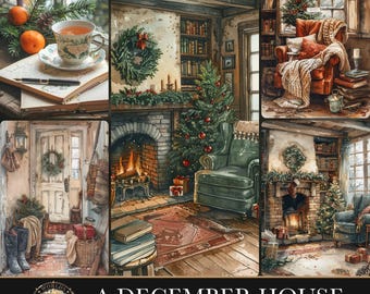 A December House, Vintage Digital Papers, Junk Journal Kit, Winter Ephemera, Scrapbook Album, Fussy Cuts