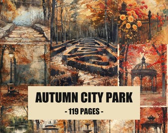 Autumn City Park Junk Journal Pages, Watercolor Fall Scrapbook Paper, Cozy Autumn Landscape Ephemera, Park Bench & Gazebo Printables