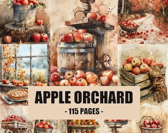 Apple Orchard Watercolor Digital Papers Farmhouse Fall Harvest Cider Press Pie Canning For Junk Journals Scrapbooking Printable Pages