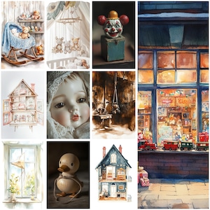 May include: A collage of various toys and scenes including a rocking cradle with teddy bears, a nursery mobile, a clown jack-in-the-box, a dollhouse, a porcelain doll, a dark interior, a toy shop window with a train, a kite in a window, and a wooden duck.