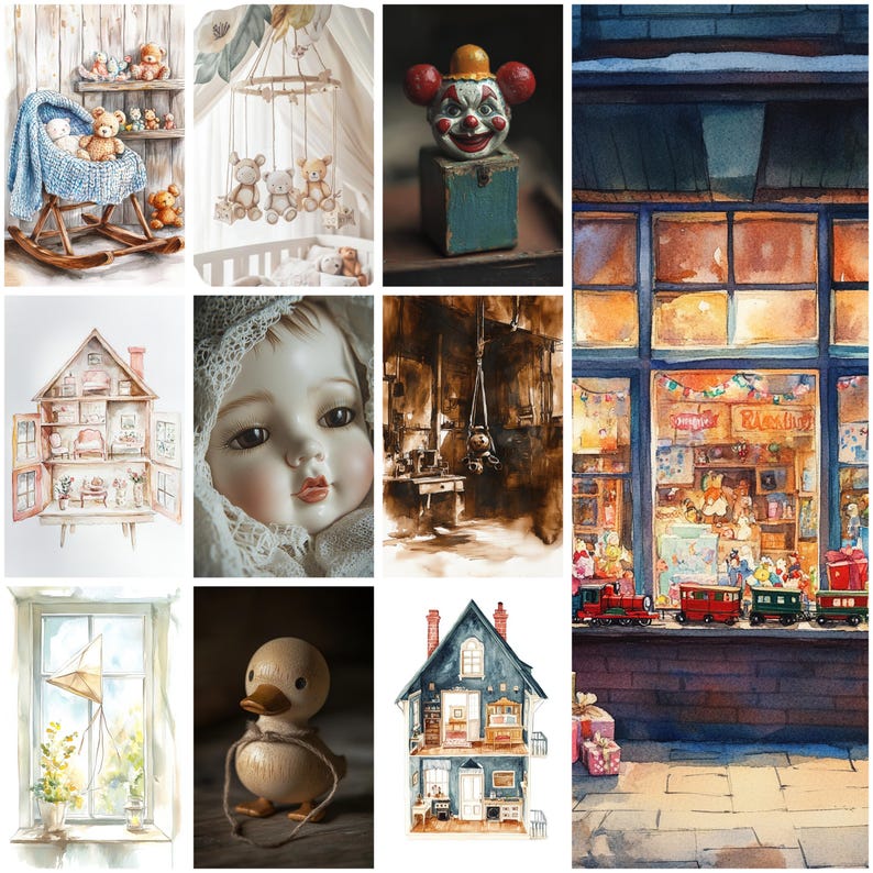 May include: A collage of various toys and scenes including a rocking cradle with teddy bears, a nursery mobile, a clown jack-in-the-box, a dollhouse, a porcelain doll, a dark interior, a toy shop window with a train, a kite in a window, and a wooden duck.