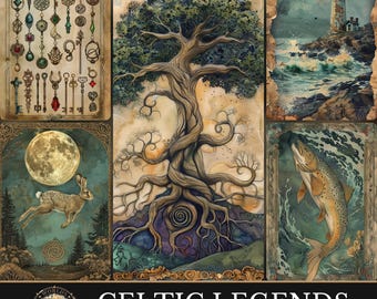 Celtic Legends, Junk Journal Kit, Digital Papers, Whimsical Fussy Cuts, Forest Witch Journal, Mystical Ephemera