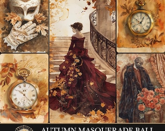 AUTUMN MASQUERADE BALL, Vintage Ephemera Junk Journal Kit, Gothic Scrapbook Paper Pack, Mixed Media Collage