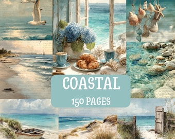 Coastal Junk Journal Pages | Vintage Beach Digital Paper Bundle (150 Pages)