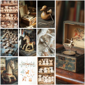 May include: A collection of vintage-style toys including a wooden rocking horse, a ballerina music box, a wooden duck pull toy, alphabet blocks, a silver rattle, and shelves filled with plush teddy bears and rabbits, plus a nursery mobile illustration.