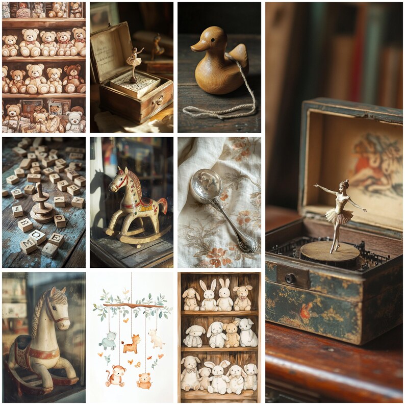 May include: A collection of vintage-style toys including a wooden rocking horse, a ballerina music box, a wooden duck pull toy, alphabet blocks, a silver rattle, and shelves filled with plush teddy bears and rabbits, plus a nursery mobile illustration.