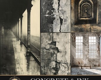 Concrete & Ink, Junk Journal Digital Papers, Moody Scrapbook Backgrounds, Urban Ephemera, Grunge Collage Pages