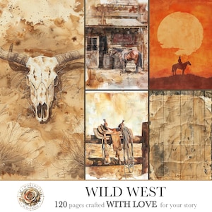 May include: A collection of Wild West themed scrapbook pages featuring a steer skull, a wooden building with a horse, a rider silhouetted against a large orange sun, a leather saddle on a fence, and weathered wood textures, totaling 120 pages.
