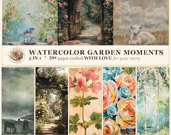 Watercolor Garden Moments, 591 Pages Junk Journal Bundle, Digital Ephemera Pack, Scrapbook Paper Crafts