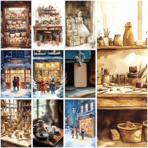May include: A collage of twelve watercolor-style illustrations featuring cozy scenes including shelves of teddy bears, an artist's workspace, a doll with gift boxes, a snowy storefront with children, and a blank rectangular gift tag with twine.