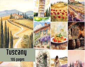 Tuscany Junk Journal Pages, Italian Summer Ephemera, Mediterranean Decoupage Paper, Watercolor Vineyard PNG, Farmhouse Scrapbook Kit