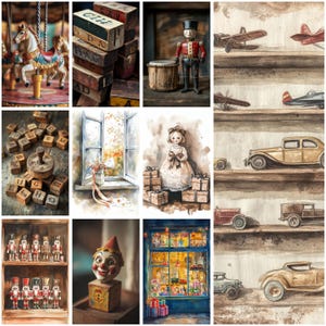 May include: A collage of vintage-inspired toy imagery featuring a carousel horse, wooden alphabet blocks, a toy soldier with a drum, watercolor illustrations of airplanes and cars on shelves, a doll with gifts, and a storefront display.