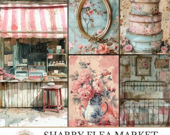 Shabby Flea Market, Vintage Digital Papers, Junk Journal Kit, Scrapbook Ephemera, Printable Romantic Decoupage