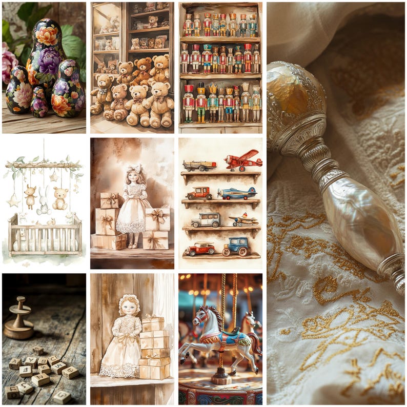 May include: A collage of vintage-style toys and nursery decor including floral nesting dolls, teddy bears, nutcrackers, a baby mobile, a doll with gift boxes, toy vehicles on shelves, wooden alphabet blocks, and a carousel horse with a rattle.