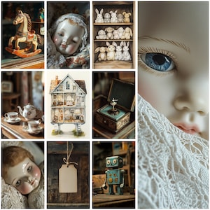 May include: A collage featuring a wooden rocking horse, porcelain doll faces with lace, a shelf of rabbit figurines, a tea set, a multi-story dollhouse, a ballerina music box, a blank paper tag, and a blue-eyed doll face with white lace.