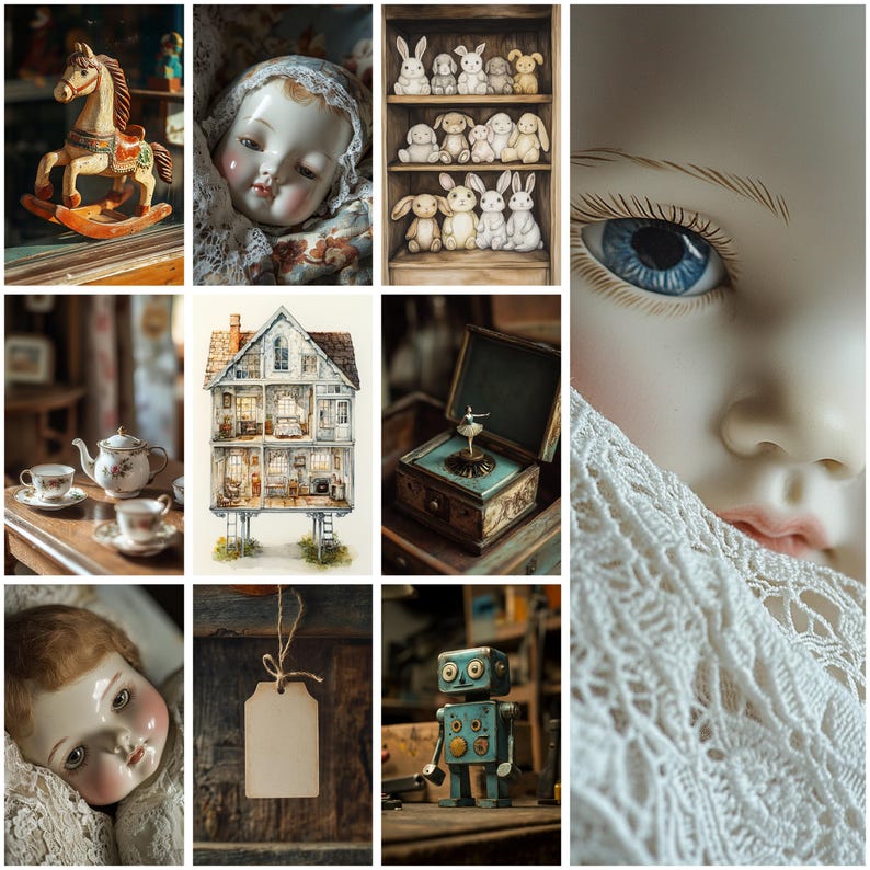 May include: A collage featuring a wooden rocking horse, porcelain doll faces with lace, a shelf of rabbit figurines, a tea set, a multi-story dollhouse, a ballerina music box, a blank paper tag, and a blue-eyed doll face with white lace.