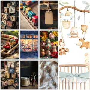 May include: A collage featuring wooden alphabet blocks, a colorful toy train on tracks, a blank gift tag, a watercolor mobile with hanging animal figures, a shop window display, nesting dolls, a drum, a nutcracker, and a vintage rattle.