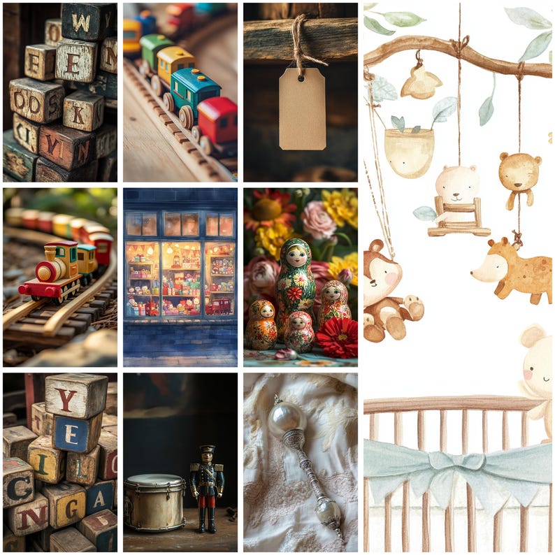 May include: A collage featuring wooden alphabet blocks, a colorful toy train on tracks, a blank gift tag, a watercolor mobile with hanging animal figures, a shop window display, nesting dolls, a drum, a nutcracker, and a vintage rattle.