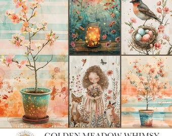 Golden Meadow Whimsy, Junk Journal Digital Papers, Whimsical Fussy Cuts, Vintage Scrapbook Album Kit, Garden Ephemera