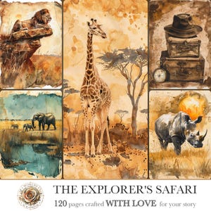 May include: A collage of watercolor illustrations featuring a lion on a rock, a giraffe, a safari hat on stacked trunks with a compass, elephants near water, and a rhinoceros. The text reads THE EXPLORER'S SAFARI 120 pages crafted WITH LOVE for your story.