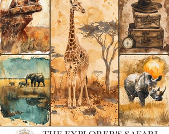 THE EXPLORER'S SAFARI, Vintage Travel Junk Journal Kit, Safari Scrapbook Paper, Mixed Media Ephemera, Digital Download