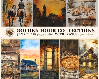Golden Hour Collections, 592 Pages Junk Journal Kit, Autumn Scrapbook Album, Vintage Ephemera Digital Paper Pack