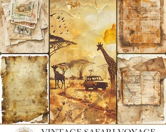 VINTAGE SAFARI VOYAGE, Junk Journal Kit, Travel Ephemera Pages, Mixed Media Scrapbook Paper, Adventure Craft Supply