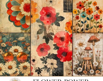 Flower Power, Vintage Digital Papers, Junk Journal Kit, Scrapbook Album, Whimsical Fussy Cuts, Garden Journal, Nature Ephemera
