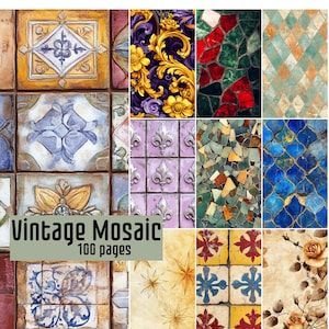 May include: A collection of 100 pages featuring vintage mosaic and tile patterns. The imagery displays various designs including floral motifs, fleur-de-lis, geometric shapes, and stained glass textures in shades of blue, gold, red, and green.