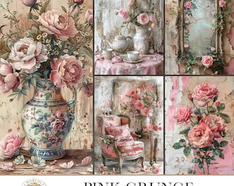 Pink Grunge, Digital Scrapbook Paper, Vintage Junk Journal Kit, Floral Ephemera, Shabby Chic Decoupage Paper