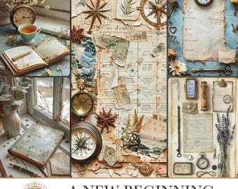 A New Beginning, Junk Journal Kit, Digital Ephemera, Travel Scrapbook, Steampunk Fussy Cuts, Decoupage Paper Maps, Mixed Media