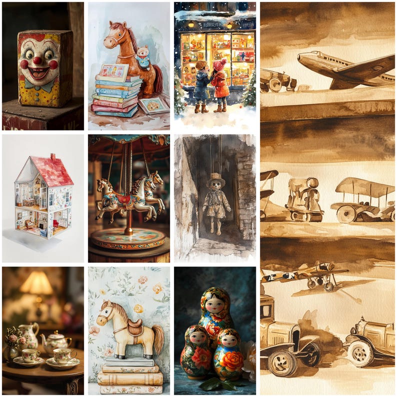 May include: A collage of various toys and scenes including a clown block, a horse with books, children at a shop window, a dollhouse, a carousel, a marionette, a set of nesting dolls, a tea set, and watercolor illustrations of vintage vehicles.