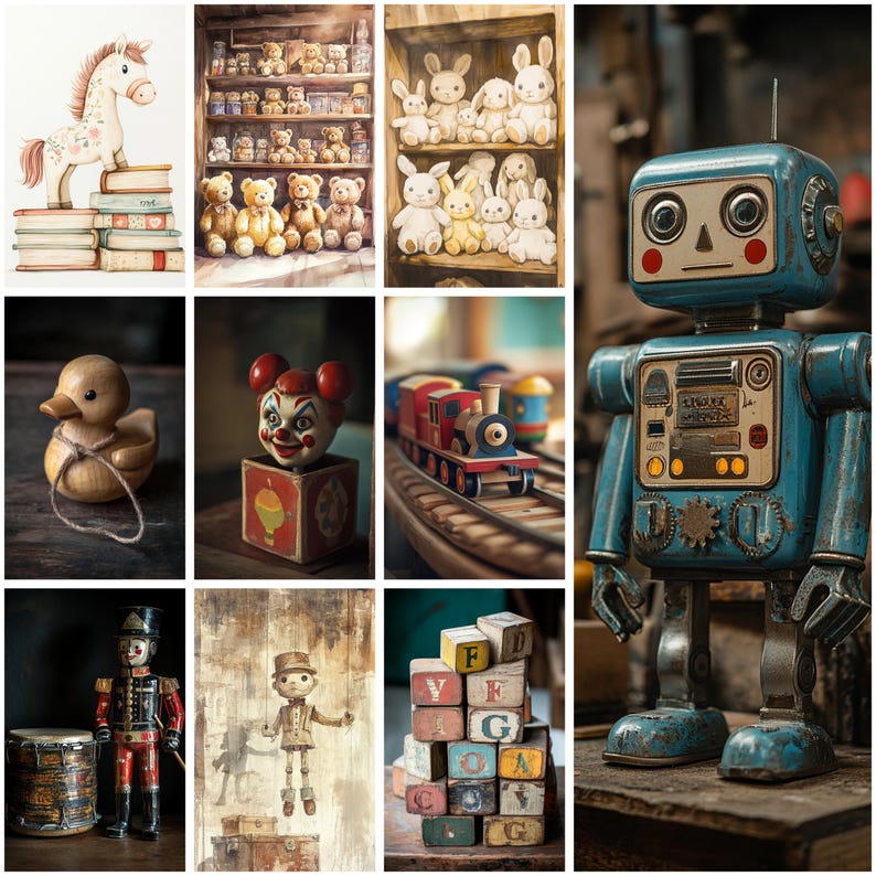 May include: A collage of vintage toys including a horse on books, shelves of teddy bears and rabbits, a wooden duck, a clown jack-in-the-box, a toy train, a blue robot, a nutcracker with a drum, a marionette, and a stack of wooden alphabet blocks.
