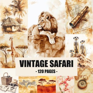 Vintage Safari Junk Journal-sidor, Scrapbook-papper för afrikanskt djurliv, Explorer Ephemera, Sepia Djurtrycksaker