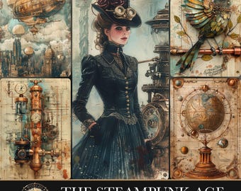 The Steampunk Age, Junk Journal Kit, Victorian Digital Papers, Scrapbook Ephemera, Steampunk Fussy Cuts, Mixed Media