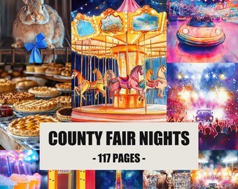 May include: A collage of watercolor illustrations featuring a brown rabbit with a blue bow, a carousel, bumper cars, various pies, a concert crowd, a yellow ticket booth, a Ferris wheel, a cow, and text reading COUNTY FAIR NIGHTS - 117 PAGES -.