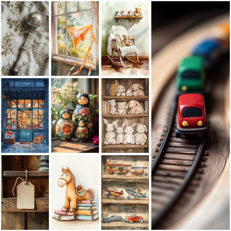 May include: A collage of various items including a silver rattle, an orange kite, a rocking chair with a teddy bear, a toy train on tracks, a storefront, three nesting dolls, shelves of plush bunnies, a blank tag, a horse figurine, and toy airplanes.