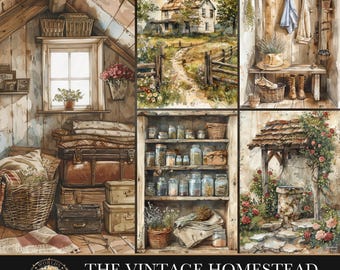 The Vintage Homestead, Digital Papers Junk Journal Kit, Rustic Fussy Cuts, Scrapbook Album Ephemera, Garden Journal Paper Crafts