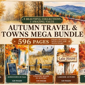 May include: A digital bundle titled Autumn Travel & Towns Mega Bundle with 596 pages across 5 collections. It features watercolor-style illustrations of autumn landscapes, including a city park, downtown street, country road, lake house, and train journey.