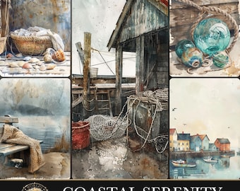 Coastal Serenity, Junk Journal Kit, Vintage Nautical Papers, Digital Scrapbook, Ocean Ephemera, Bohemian Decoupage, Coastal Paper Pack