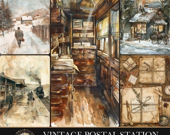 Vintage Postal Station, Junk Journal Kit, Ephemera Pack, Scrapbook Paper, Travel Journal, Card Making, Collage Art