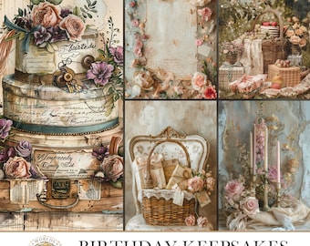 Birthday Keepsakes, Junk Journal Kit, Digital Papers, Floral Fussy Cuts, Shabby Chic Decoupage Paper, Scrapbook Album