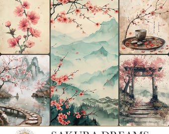 Sakura Dreams, Cherry Blossom Digital Papers, Junk Journal Pages, Asian Collage Sheet, Scrapbook Album, Japanese Fussy Cuts