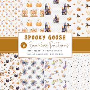May include: A digital collection of eight seamless patterns featuring watercolor illustrations of geese in witch hats, pumpkins, haunted houses, spider webs, and cauldrons. The text reads SPOOKY GOOSE 8 Seamless Patterns HIGH QUALITY 4000 X 4000PX.